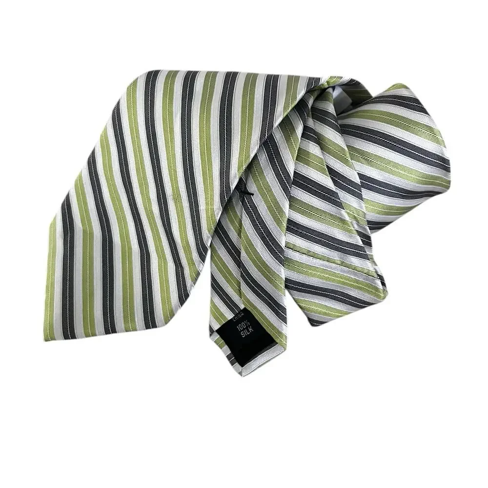 Calvin Klein Men’s Tie lime, green, gray, striped designer 100% Silk
